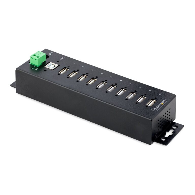 StarTech.com 10-Port Industrial USB 2.0 Hub with ESD Level 4 Protection, Black