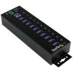 StarTech.com 10-Port USB 3.2 Gen 1 Hub - 5Gbps Metal Industrial with ESD & Surge Protection, Black