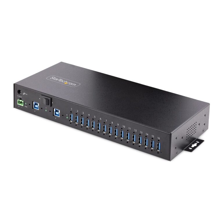 StarTech.com 16-Port Industrial USB 3.2 Gen 1 Hub, 5Gbps, Metal, DIN/Rack Mount, ESD Protection