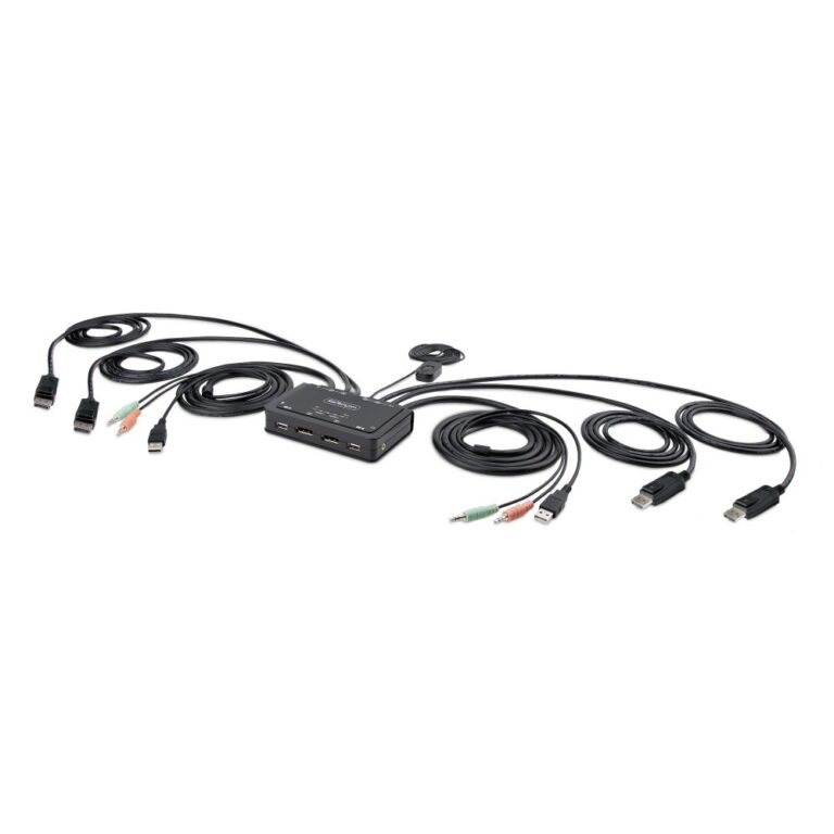 StarTech.com 2-Port Dual DisplayPort KVM Switch 4K 60Hz, 1.5m Integrated Cables, USB Powered, Black