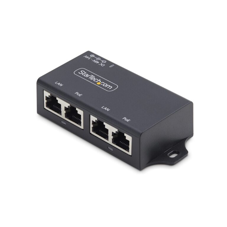 StarTech.com 2-Port Gigabit Midspan PoE+ Injector, 30W, Wall Mountable, Black