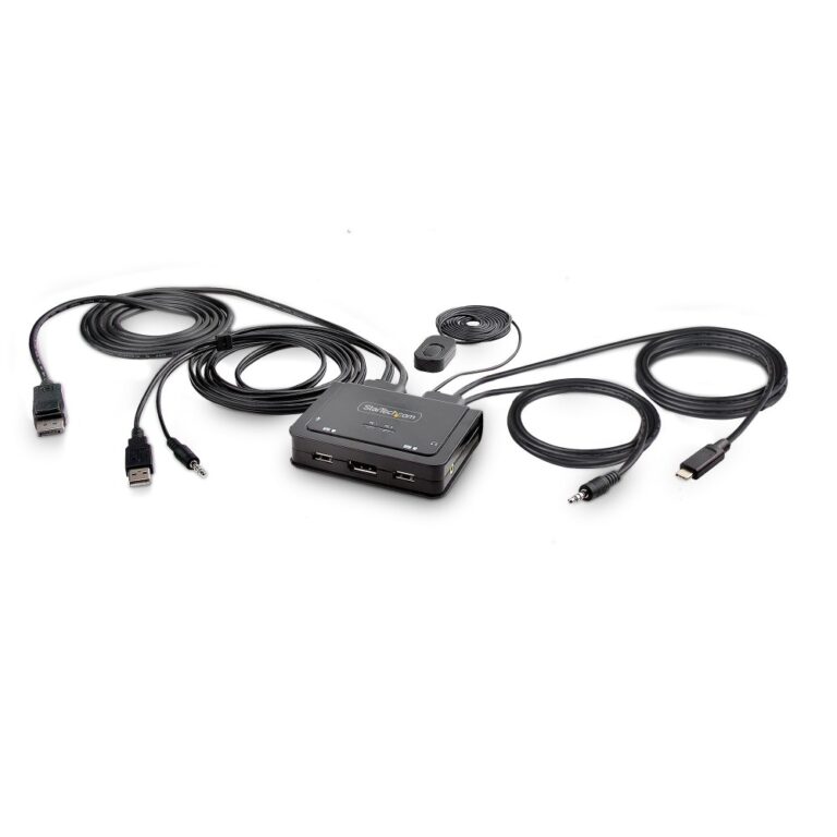 StarTech.com 2-Port Hybrid USB-C DisplayPort KVM Switch, 4K 60Hz, 5120x1440, 1.8m Cables, Black