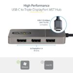 StarTech.com 3-Port USB-C to 3x DisplayPort 1.4 MST Hub, Triple 4K 60Hz DP Adapter, Grey