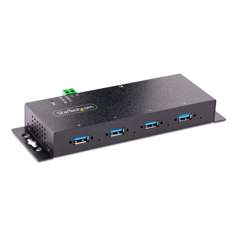 StarTech.com 4-Port Industrial USB 3.2 Gen 1 Hub with ESD Protection, 5Gbps, DIN/Wall/Desk Mountable, Black