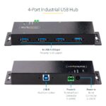 StarTech.com 4-Port Industrial USB 3.2 Gen 1 Hub with ESD Protection, 5Gbps, DIN/Wall/Desk Mountable, Black