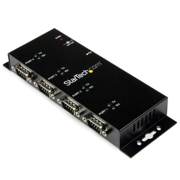 StarTech.com 4 Port USB 2.0 to DB9 RS232 Serial Adapter Hub, Industrial DIN Rail/Wall Mountable, Black
