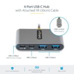 StarTech.com 4-Port USB-C Hub, 2x USB-A + 2x USB-C, 100W PD, 5Gbps, 0.3m Cable, Grey