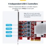 StarTech.com 4-Port USB-C PCIe Card, USB 3.2 Gen 2 10Gbps, 4x Independent USB Controllers, Red