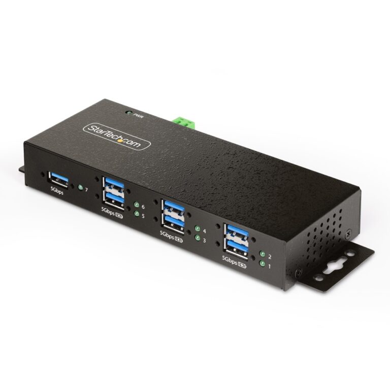 StarTech.com 7-Port Managed USB Hub, Industrial, USB 3.2 Gen 1 5Gbps, Metal, Wall/Desk/DIN-Rail Mount, Black