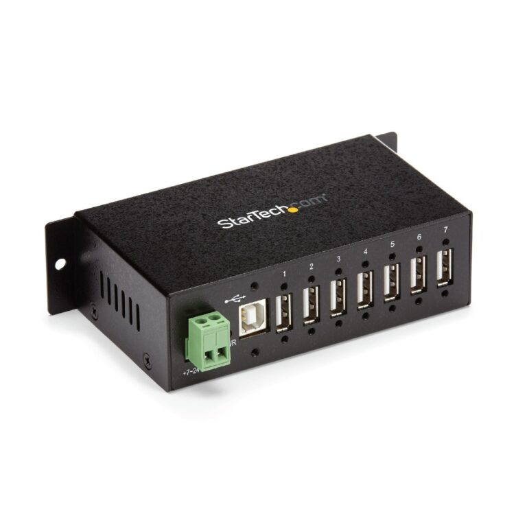 StarTech.com 7-Port USB 2.0 Hub - Metal Industrial USB-A Hub with ESD & Surge Protection, TAA, Black