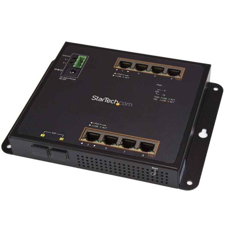 StarTech.com IES101GP2SFW Managed Industrial 8 Port PoE+ Gigabit Ethernet Switch with 2 SFP Slots