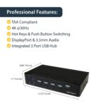 StarTech.com SV431DPU3A2 4-Port DisplayPort KVM Switch with USB 3.0 Hub, 4K 30Hz, TAA, Black