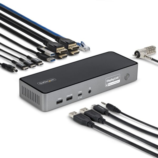 StarTech.com Triple-Monitor USB-C Docking Station, 140W Charging, 4K 60Hz HDMI/DisplayPort, Grey