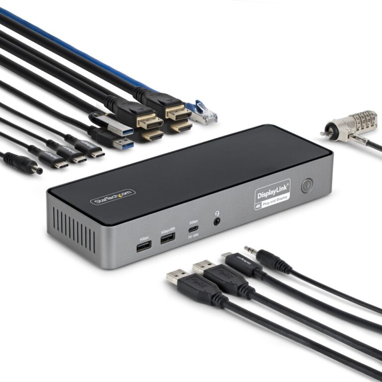 StarTech.com Triple-Monitor USB-C Docking Station, 140W Charging, 4K 60Hz HDMI/DisplayPort, Grey