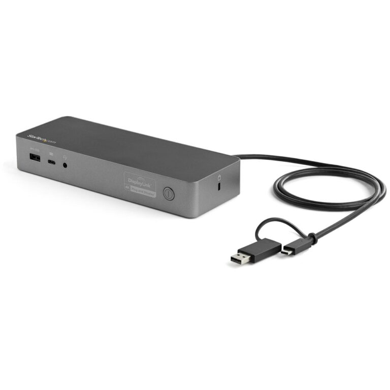 StarTech.com Universal Laptop Docking Station, Hybrid USB-C & USB-A, Dual 4K 60Hz DP/HDMI, 100W PD, 4x USB Hub, GbE, Black/Grey