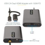 StarTech.com USB-C to Dual HDMI Adapter 100W PD 4K 60Hz 30cm Cable - Grey