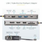 StarTech.com USB-C Triple Multiport Adapter, Dual 4K 60Hz + 4K 30Hz HDMI & DisplayPort, 100W PD Pass-Through, GbE, SD/MicroSD Card Reader, Grey