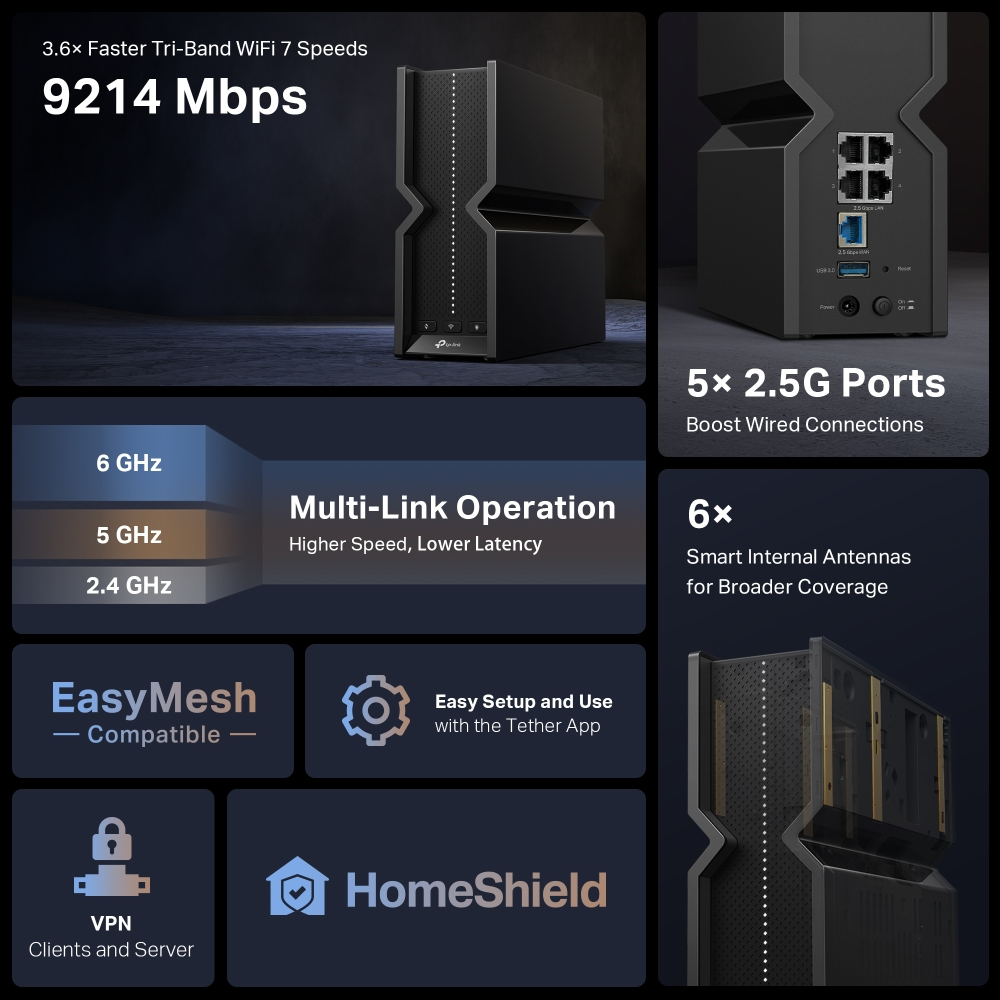 TP-Link Archer BE9300 Tri-Band Wi-Fi 7 Router, 9328 Mbps, 5 x 2.5 Gbps Ports, Black