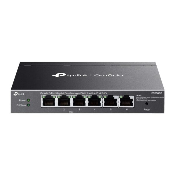 TP-Link Omada ES206GP Managed Gigabit PoE+ Network Switch, 6 Ports, 65W Budget, Black
