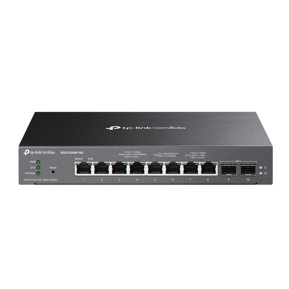 TP-Link Omada SG2210XMP-M2 Smart Switch, 8x 2.5G PoE+ ports, 2x 10G SFP+ uplink, 160W, L2/L2+ Managed TP-Link Omada SG2210XMP-M2 Smart Switch, 8x 2.5G PoE+ ports, 2x 10G SFP+ uplink, 160W, L2/L2+ Managed