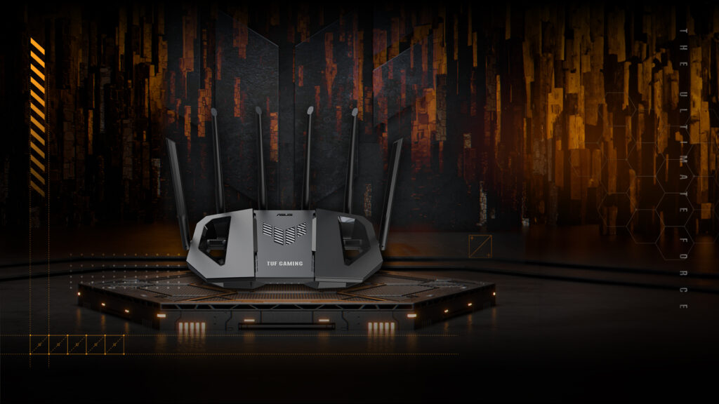 ASUS TUF Gaming BE6500 WiFi 7 gaming router on a dark stage