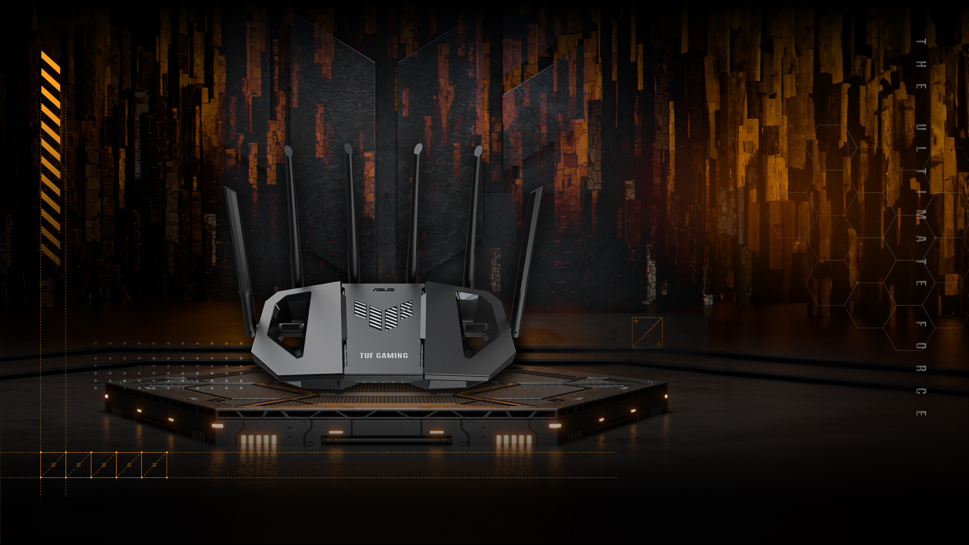 ASUS TUF Gaming BE6500 WiFi 7 gaming router on a dark stage