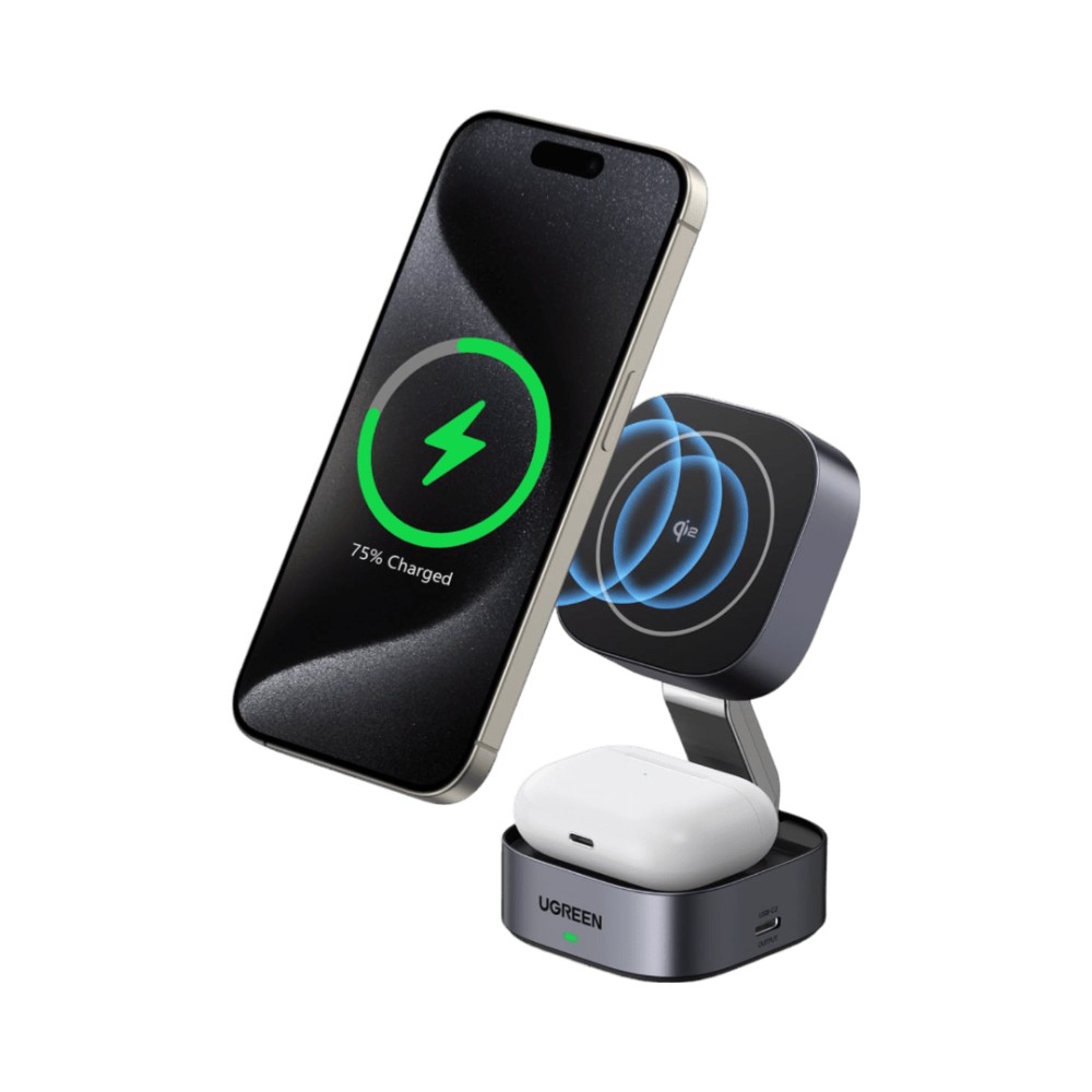 Ugreen 2-in-1 Qi2 Magnetic Foldable 15W Wireless Charging Station for iPhone, Headset, Smartwatch - Grey Ugreen 2-in-1 Qi2 Magnetic Foldable 15W Wireless Charging Station for iPhone, Headset, Smartwatch - Grey