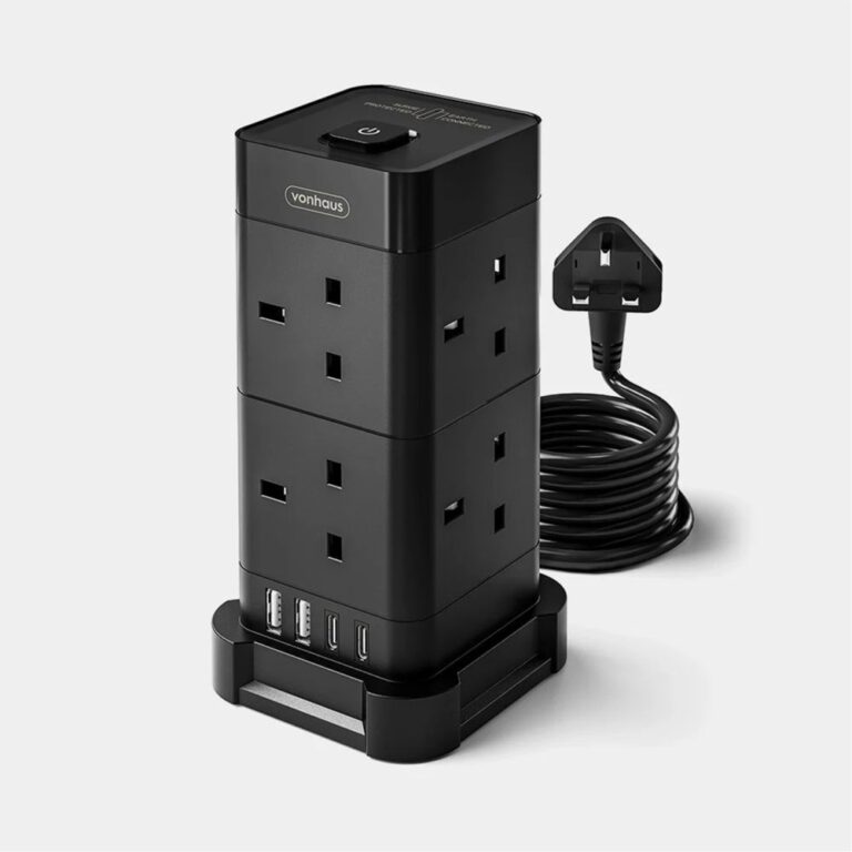 VonHaus Tower Extension Lead, 8 UK Sockets, 2 USB-C and 2 USB-A Ports, 2M Cable, Surge Protected, Black
