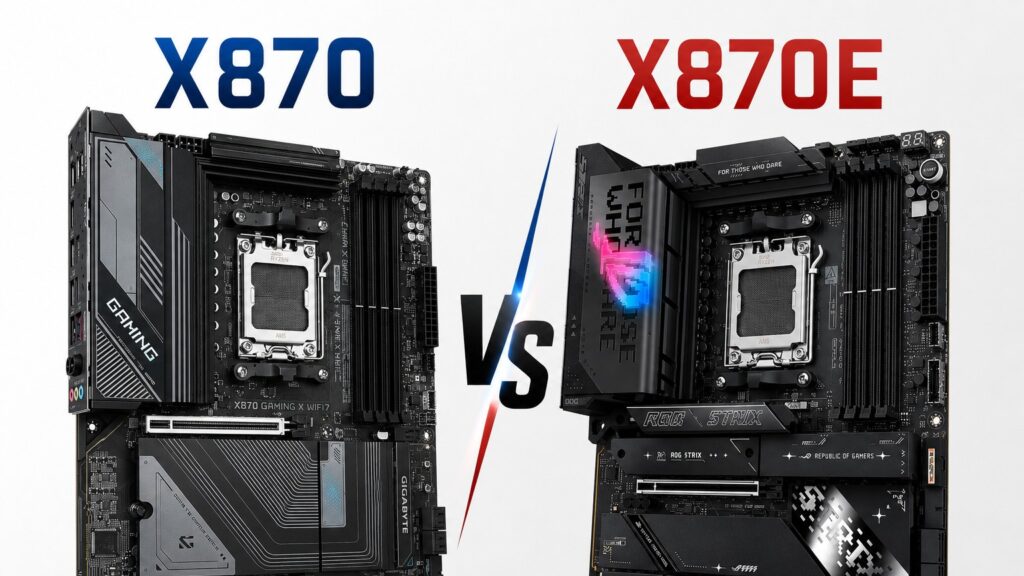 An X870 motherboard and an X870E motherboard side by side
