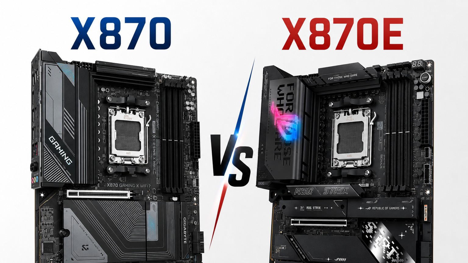 An X870 motherboard and an X870E motherboard side by side