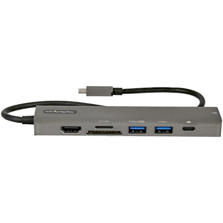 StarTech.com USB-C Multiport Adapter Hub, 4K 60Hz HDMI, 100W PD, Gigabit Ethernet, 2x USB 5Gbps, SD/MicroSD, Black/Grey