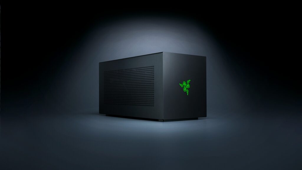 Razer Core X V2 Thunderbolt 5 eGPU enclosure, a black vented box with a green Razer logo