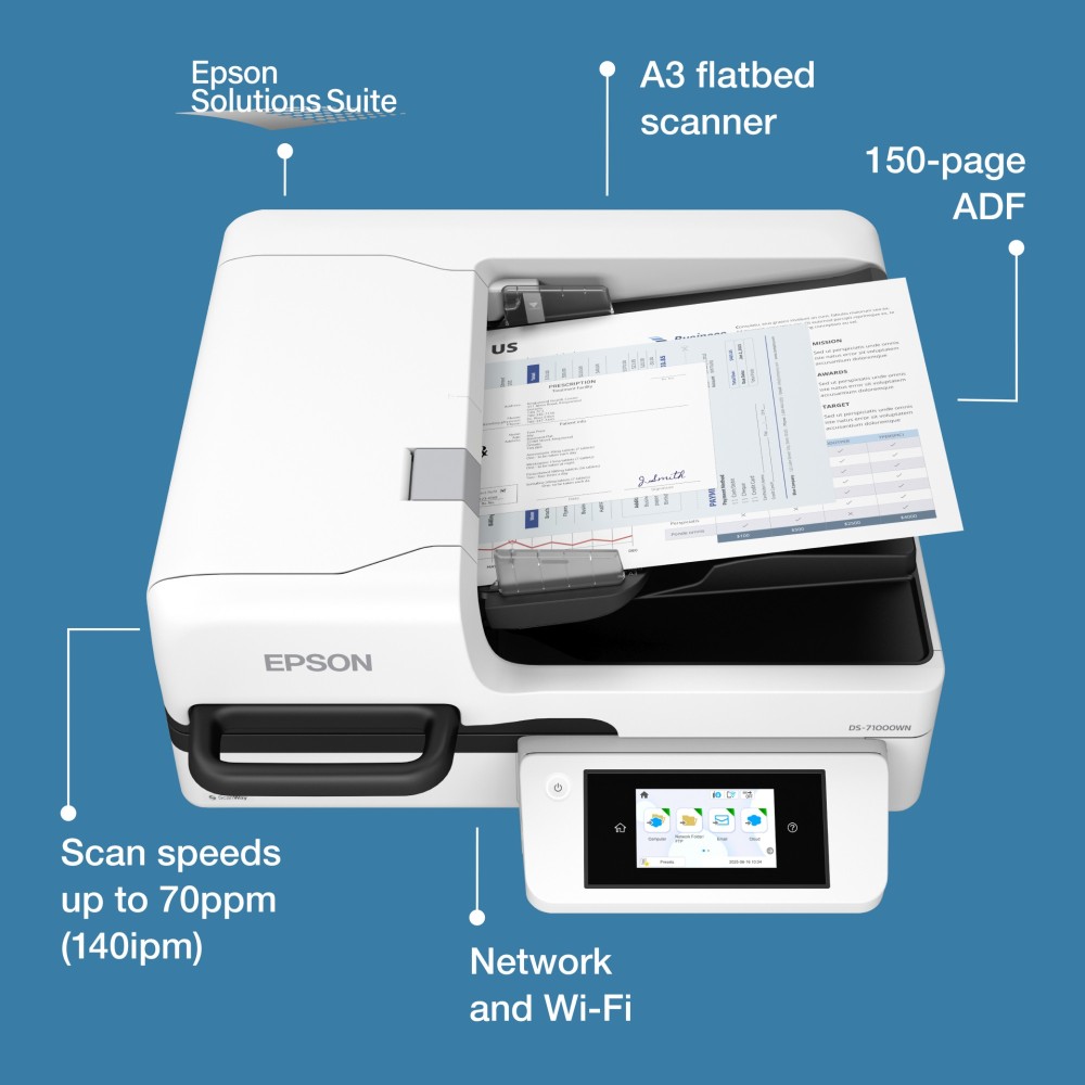 Epson WorkForce DS-71000WN A3 Network Scanner 150 Sheet ADF 70ppm Color Flatbed Wi-Fi Touch Display Epson WorkForce DS-71000WN A3 Network Scanner 150 Sheet ADF 70ppm Colour Flatbed Wi-Fi Touch Display
