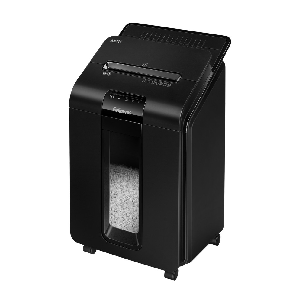 Fellowes AutoMax 100M Auto Feed Paper Shredder 100 Sheet Capacity P-4 Security Micro Cut 4x10mm 23L Bin Black Fellowes AutoMax 100M Auto Feed Paper Shredder 100 Sheet Capacity P-4 Security Micro Cut 4x10mm 23L Bin Black