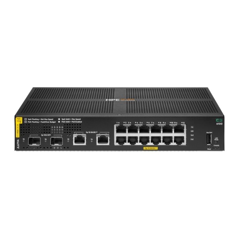 HPE Aruba Networking CX 6100 12 Port Gigabit Ethernet Switch 2 SFP+ Uplinks 139W PoE Layer 3 Managed Black