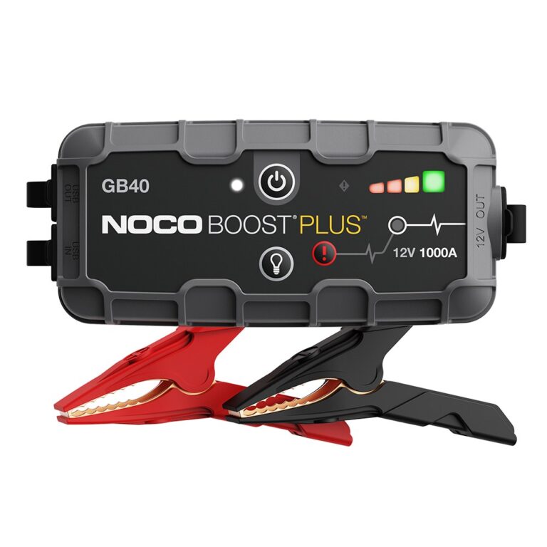 NOCO Boost Plus GB40 lithium jump starter with red and black clamps