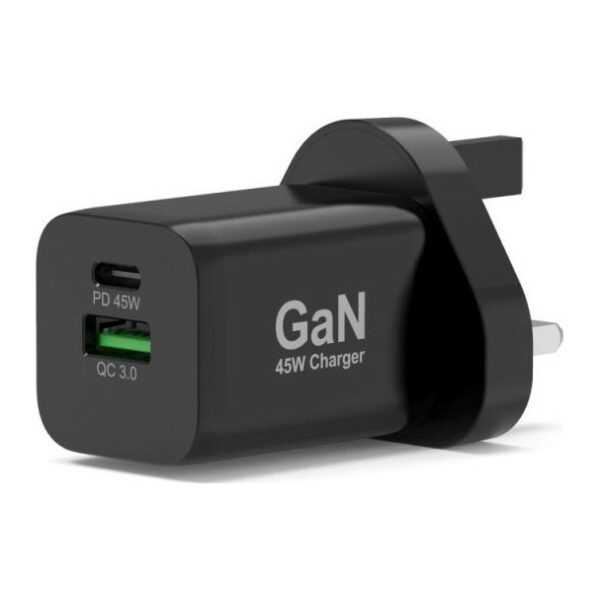 Port Designs 900105-UK 45W GaN USB-C PD USB-A QC Wall Charger Black UK Plug with 2m Cable