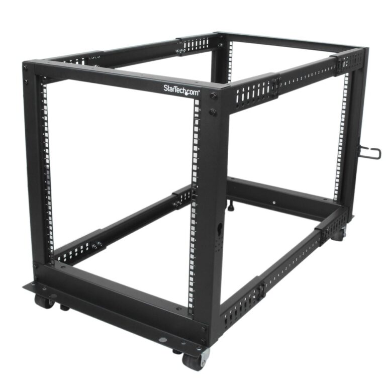 StarTech.com 12U 4-Post Open Frame Server Rack Adjustable Depth 22-40in 1200lb Capacity Black Mobile