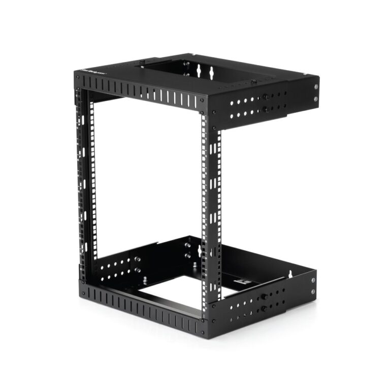 StarTech.com 2-Post 12U Wall Mount Network Rack with Adjustable Depth 90 kg Capacity Black Open Frame