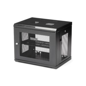 StarTech.com 2-Post 9U Wall Mount Network Cabinet Black Steel 90kg Capacity with Door and Cable Management