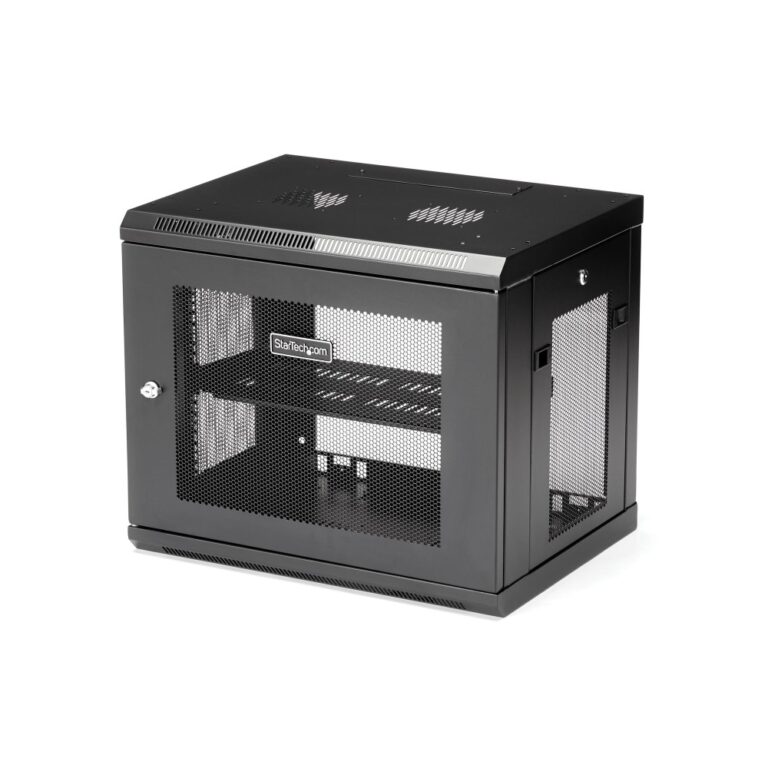 StarTech.com 2-Post 9U Wall Mount Network Cabinet Black Steel 90kg Capacity with Door and Cable Management