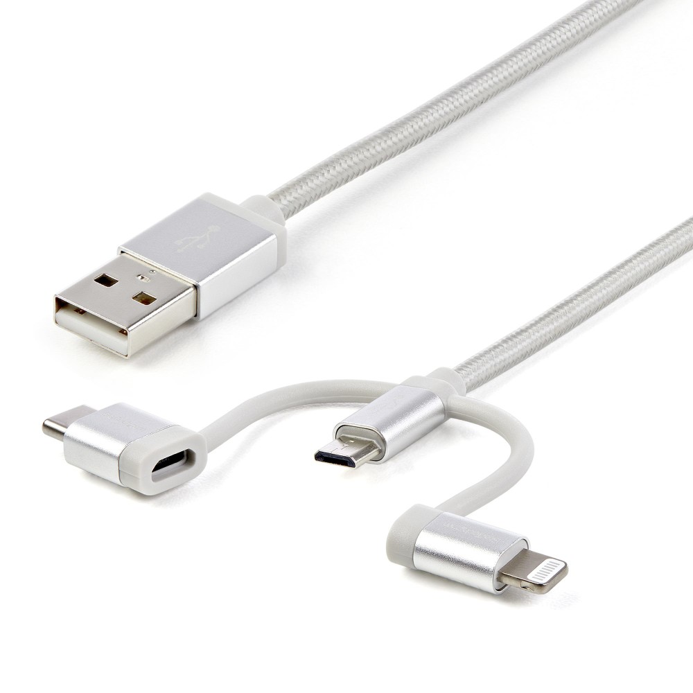 StarTech.com 3-in-1 USB Charging Cable 1 m USB A to Micro-USB or USB-C or Lightning Apple MFi Certified Braided Silver StarTech.com 3-in-1 USB Charging Cable 1 m USB A to Micro-USB or USB-C or Lightning Apple MFi Certified Braided Silver
