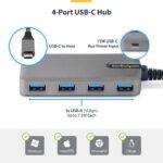 StarTech.com 4-Port USB-C Hub 5Gbps USB-A Ports Bus Powered with Auxiliary Power Input 30cm Cable Grey