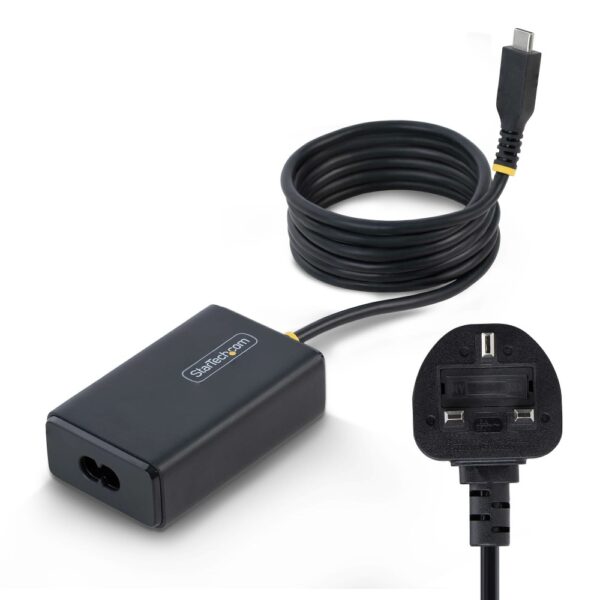 StarTech.com 65W USB-C Laptop Charger 1.5m Tethered Cable USB PD 3.0 UK Plug Black