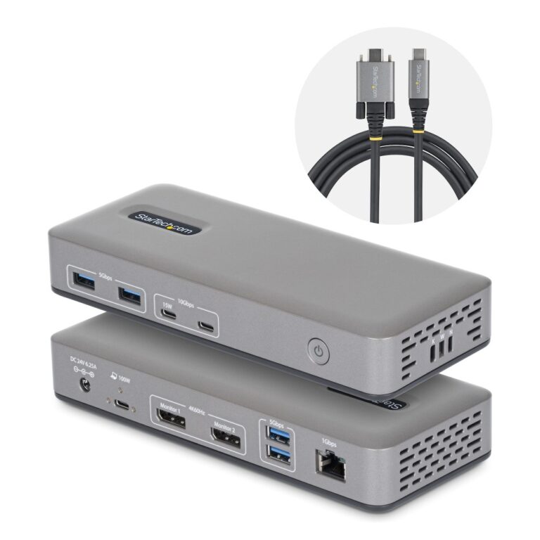 StarTech.com Dual-Monitor USB-C Docking Station 100W Charging 4K 60Hz DisplayPort 4 USB-A 2 USB-C Gigabit Ethernet Grey