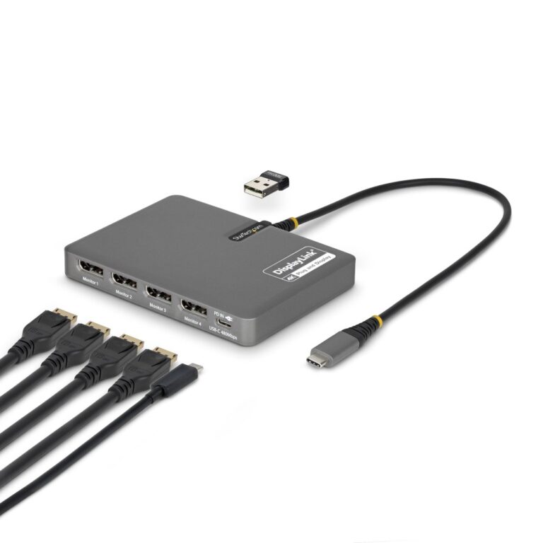 StarTech.com USB-C to Quad Monitor Workstation Adapter 4K 60Hz DisplayPort 140W PD Passthrough Grey TAA