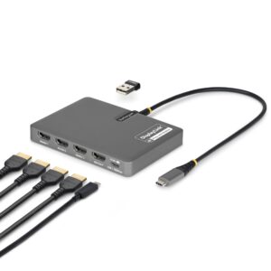 StarTech.com USB-C to Quad-Monitor Workstation Adapter 4K 60Hz HDMI 140W PD Passthrough USB Port Keyboard Mouse TAA Grey