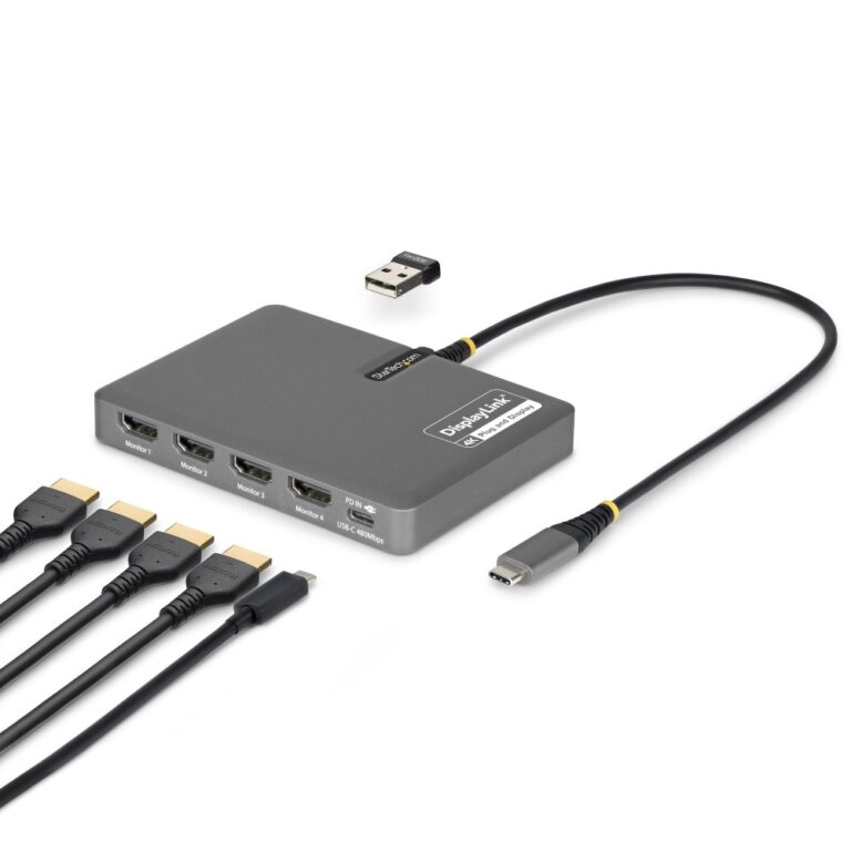 StarTech.com USB-C to Quad-Monitor Workstation Adapter 4K 60Hz HDMI 140W PD Passthrough USB Port Keyboard Mouse TAA Grey