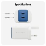 Targus HyperJuice Flex 45W GaN Dual USB-C Wall Charger White Blue Type G Plug