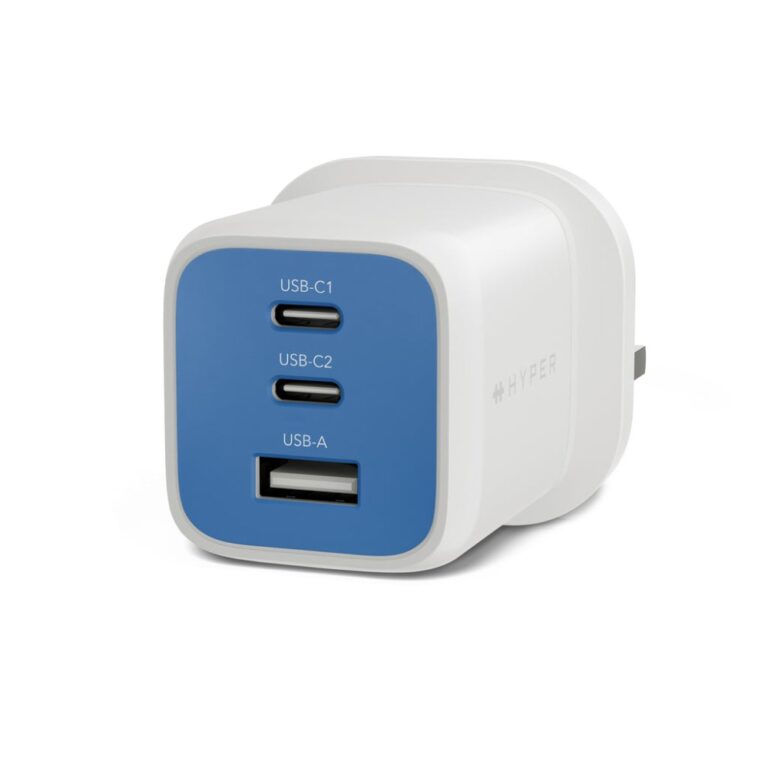 Targus HyperJuice Flex 65W GaN Wall Charger with 2 USB-C and 1 USB-A Ports, Blue and White AC Adapter